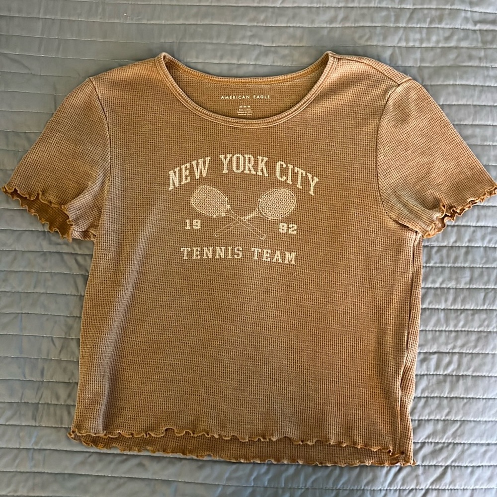 American Eagle crop top, brown/tan, “New York City Tennis Team”, size medium